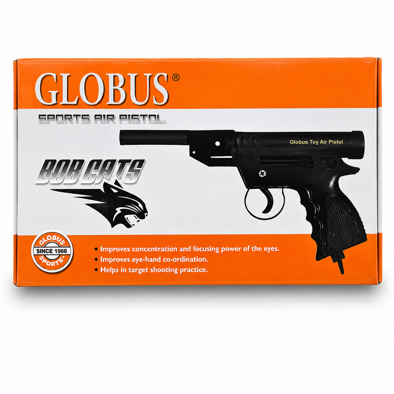 Globus Bobcats Sports Air Pistol retail packaging showing black target practice air pistol with ergonomic grip and Globus Sports branding.