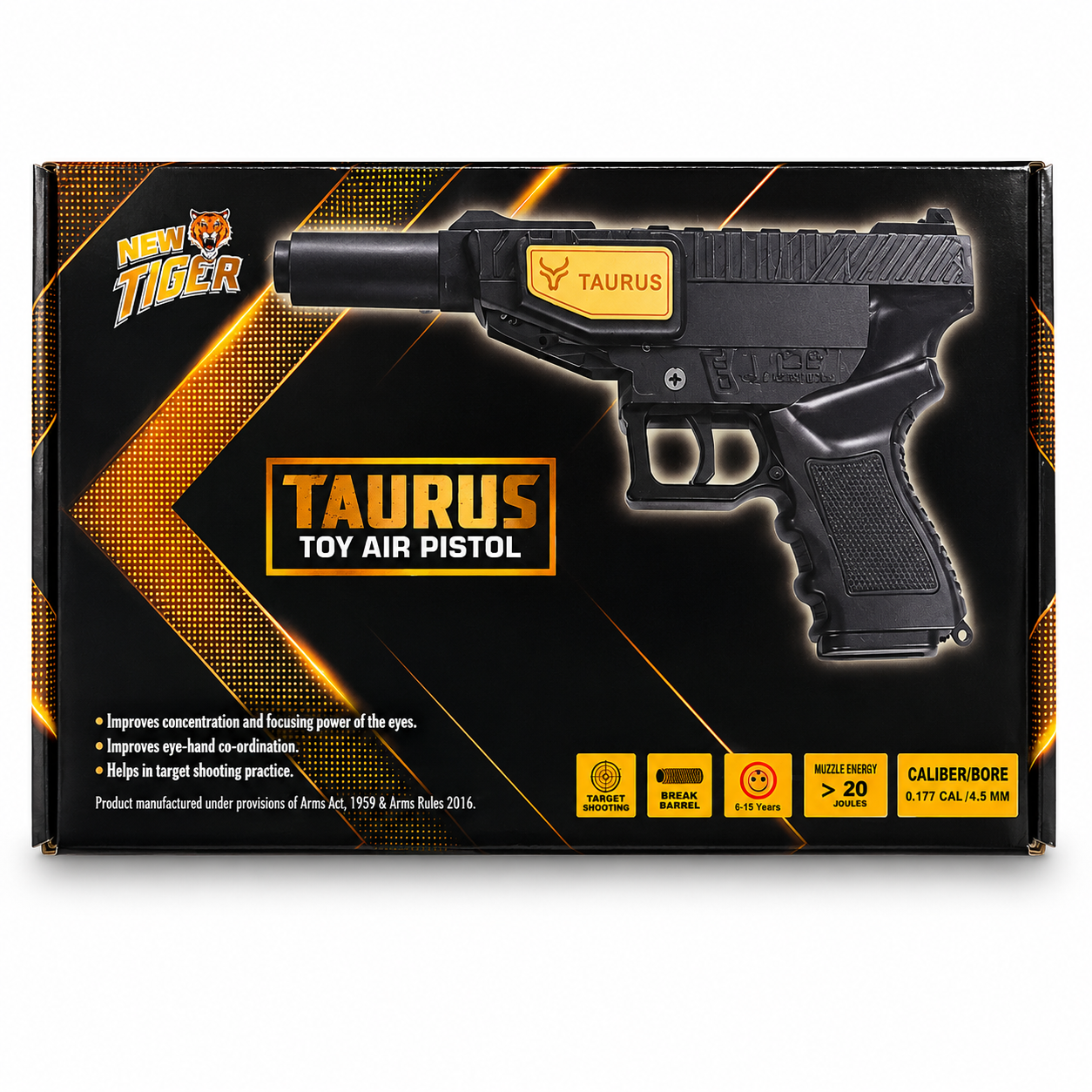 Taurus Toy Air Pistol retail packaging featuring a black break-barrel .177 caliber air pistol designed for target shooting and recreational practice.