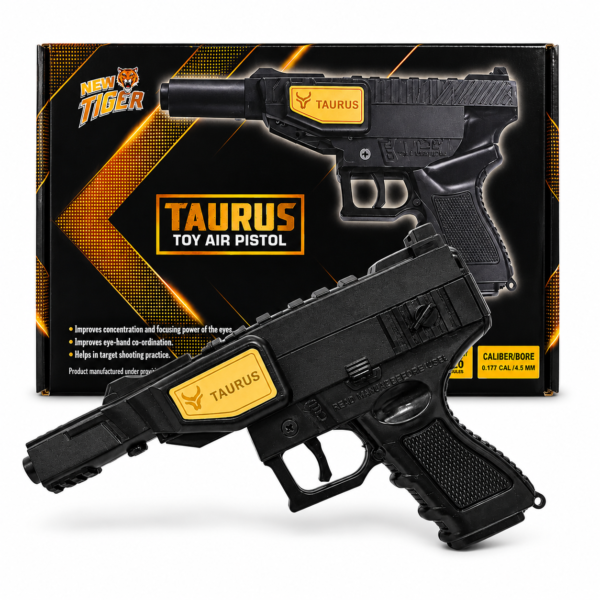 Taurus Toy Air Pistol retail packaging featuring a black break-barrel .177 caliber air pistol designed for target shooting and recreational practice.