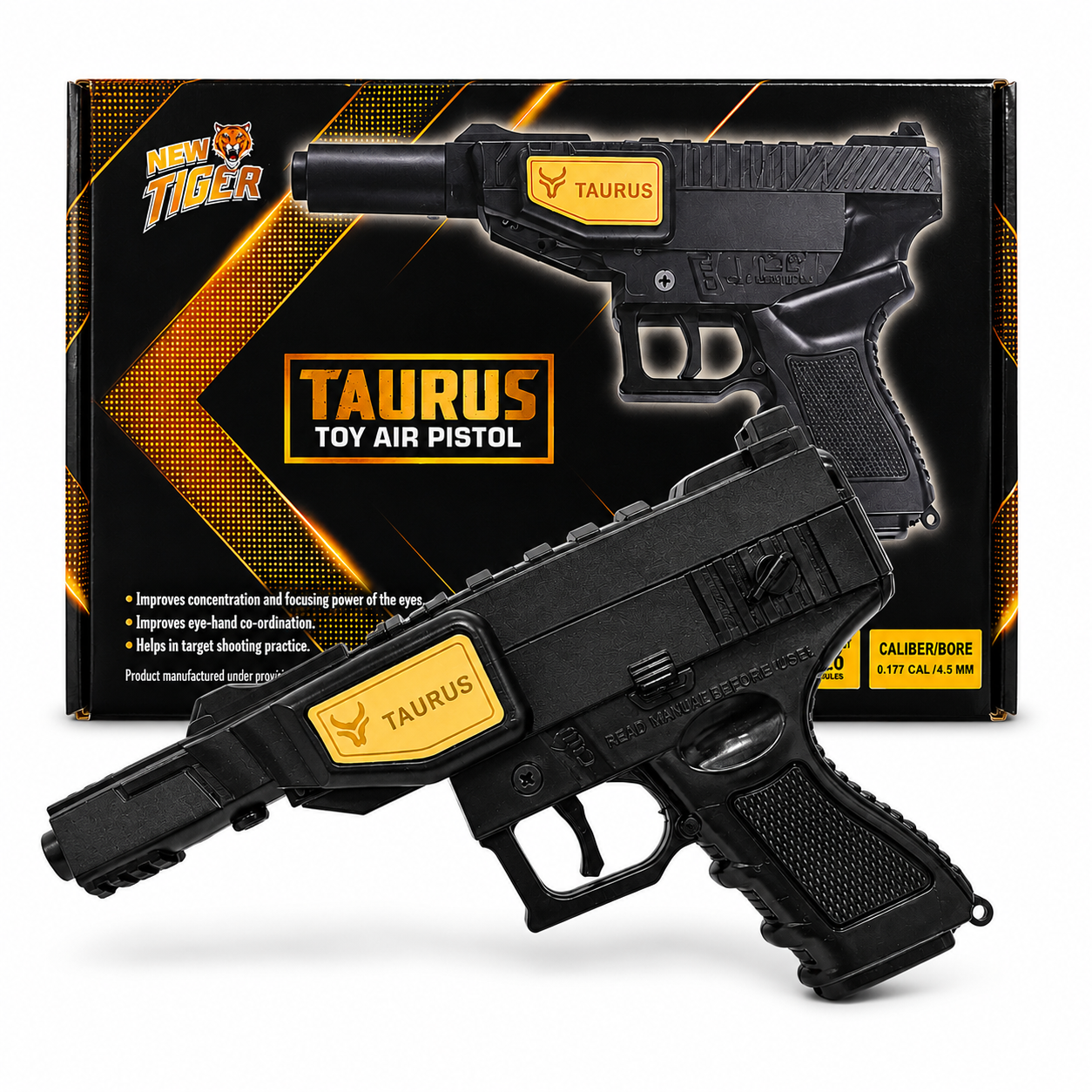 Taurus Toy Air Pistol retail packaging featuring a black break-barrel .177 caliber air pistol designed for target shooting and recreational practice.