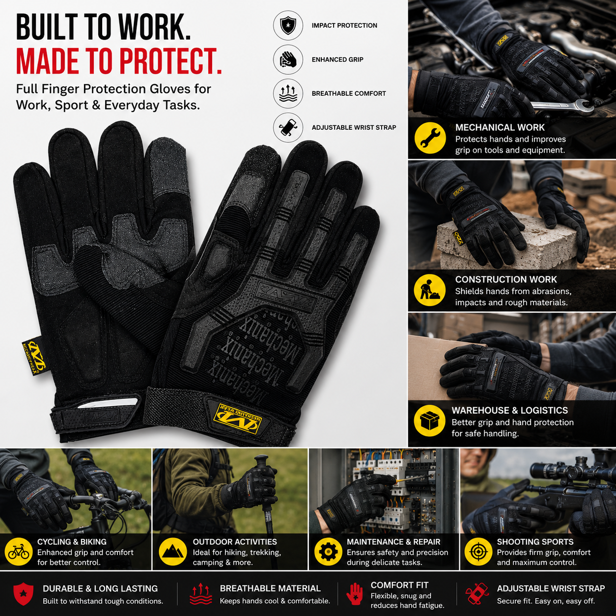 Mechanix M-Pact Full Finger Tactical Gloves Black with Reinforced Palm, Impact Protection and Adjustable Wrist Closure