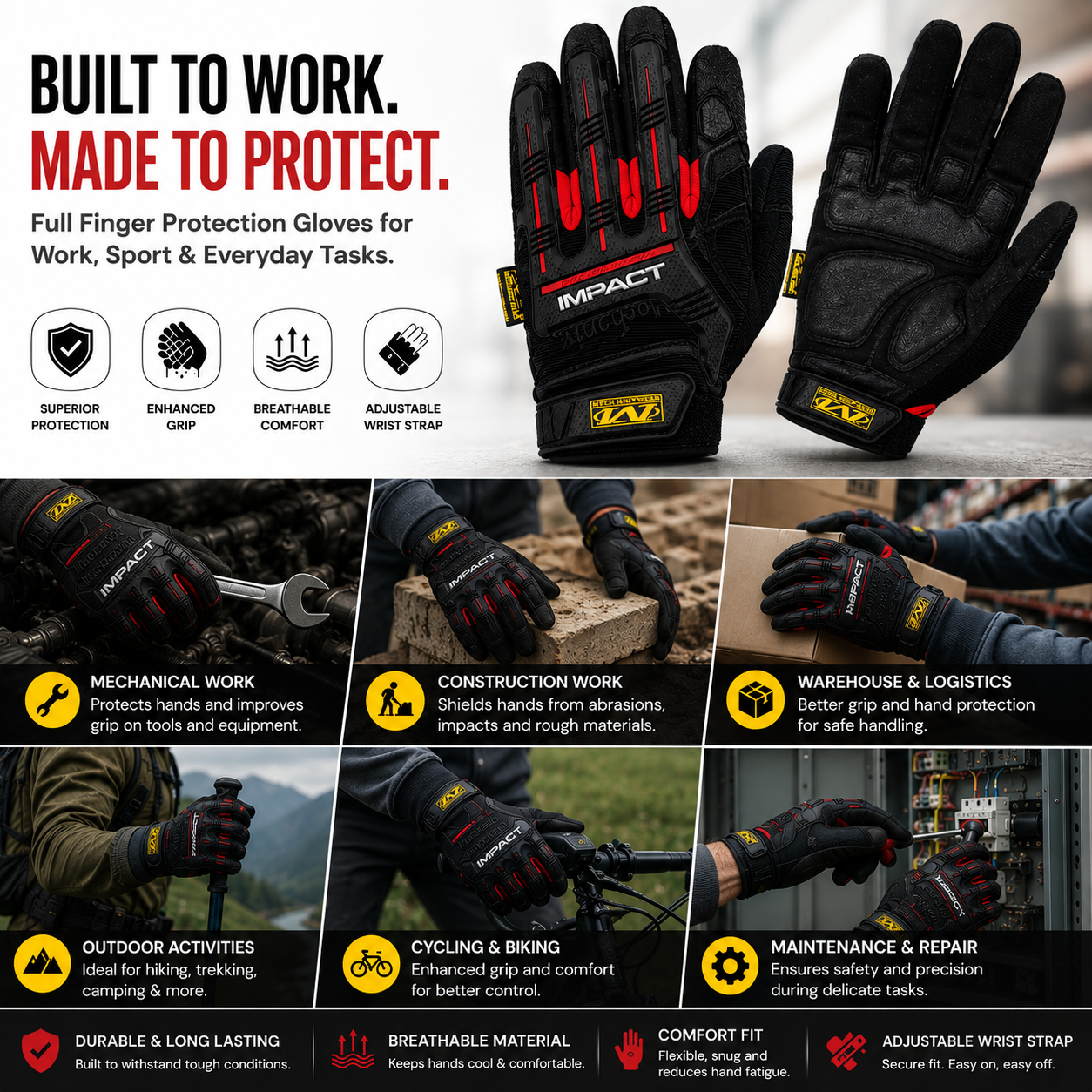 Mechanix M-Pact Full Finger Tactical Gloves with Impact Resistant Knuckle Protection and Reinforced Palm Grip in Black and Red Color