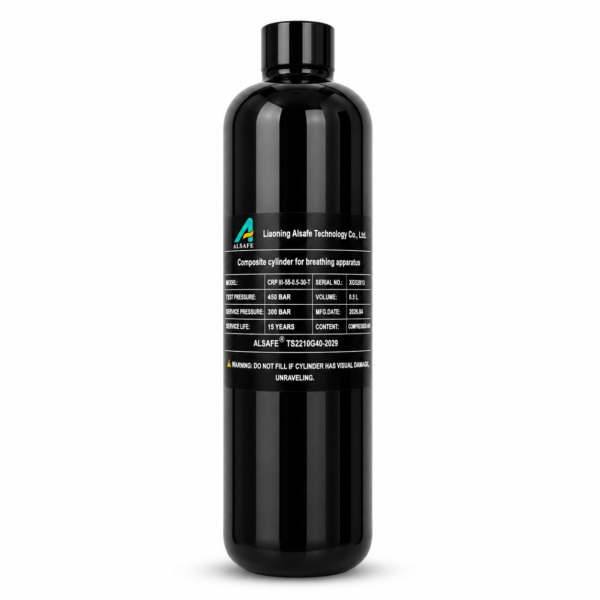 Alsafe 0.5L carbon fiber composite air cylinder with 300 bar working pressure for PCP air rifles and compressed air applications.
