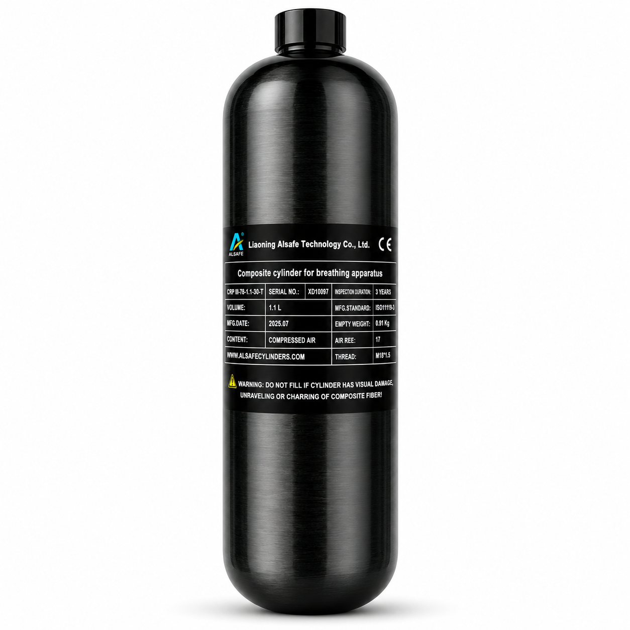 Alsafe 1.1L carbon fiber composite PCP air cylinder with 300 bar working pressure for air rifle refilling and compressed air storage.