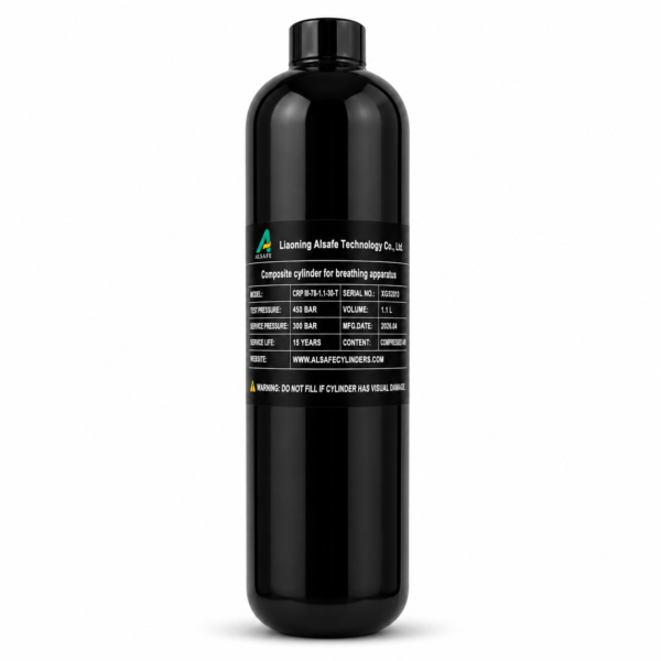 Alsafe 1.1L carbon fiber composite PCP air cylinder with 300 bar working pressure for air rifle refilling and compressed air storage.