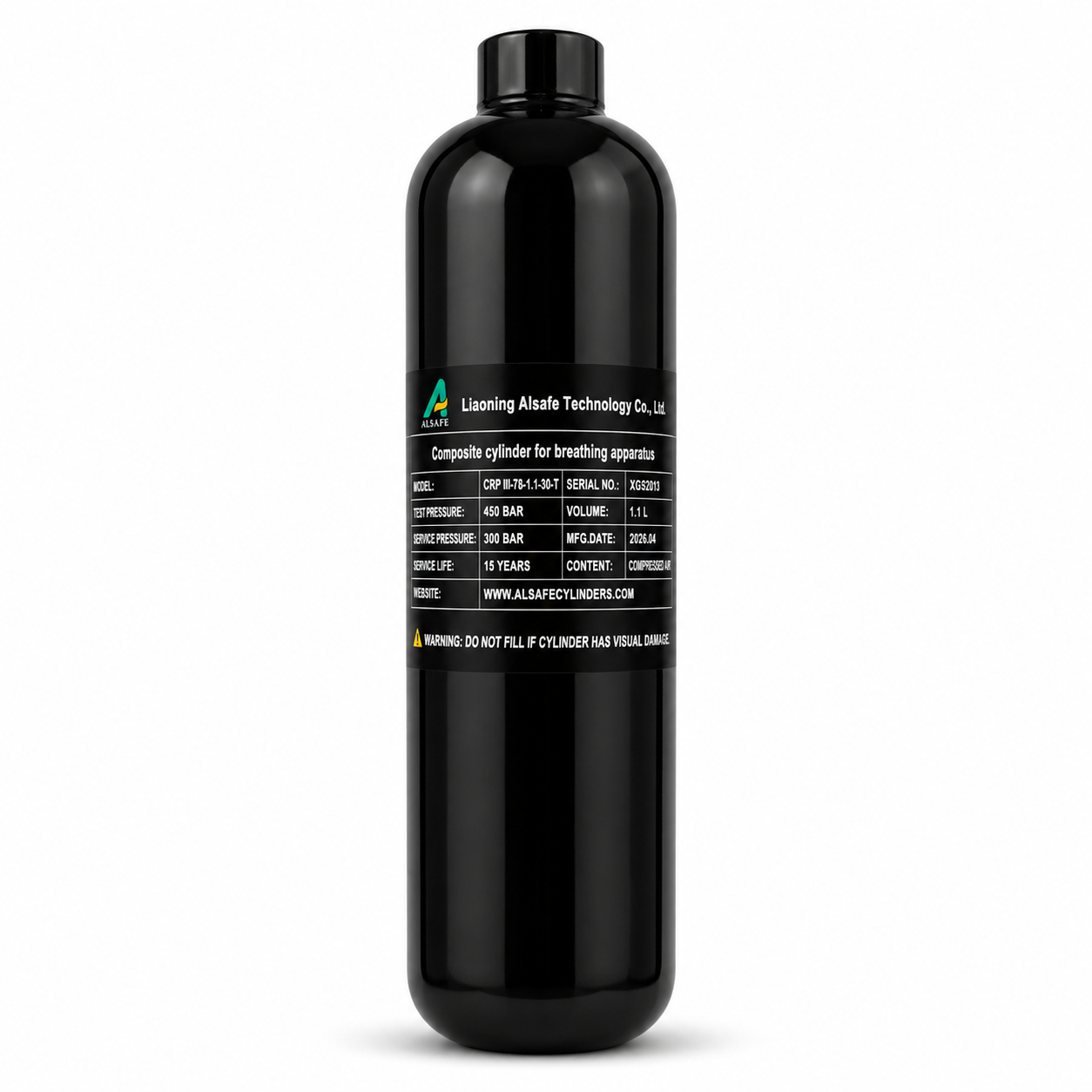 Alsafe 1.1L carbon fiber composite PCP air cylinder with 300 bar working pressure for air rifle refilling and compressed air storage.