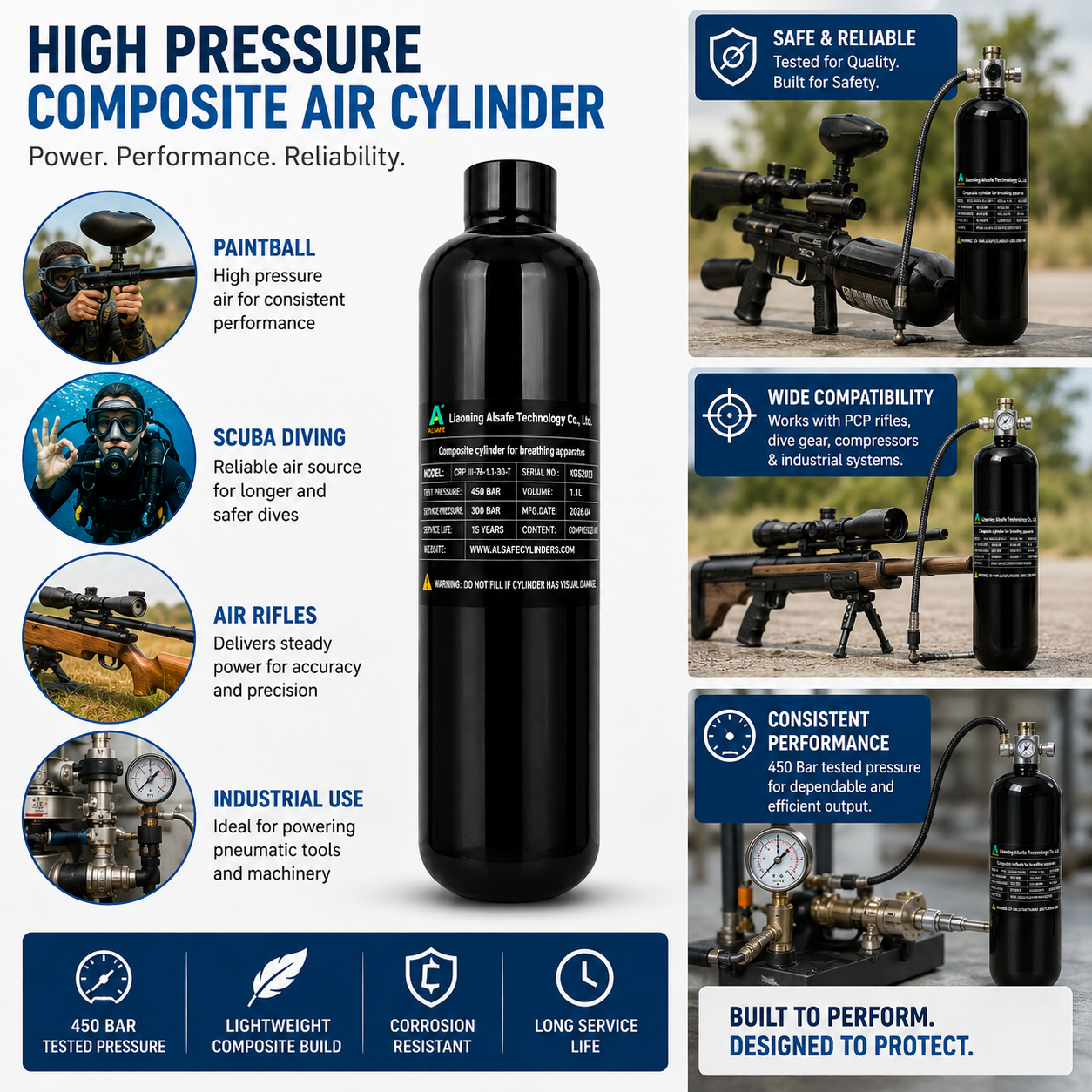 Alsafe 1.1L carbon fiber composite PCP air cylinder with 300 bar working pressure for air rifle refilling and compressed air storage.
