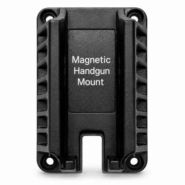 Magnetic Handgun Mount for secure pistol storage in vehicles, safes, desks, walls, and cabinets.