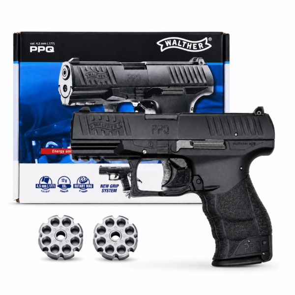 Walther PPQ CO₂-powered 4.5mm (.177) air pistol retail box featuring rotary magazine, new grip system, and realistic tactical design.