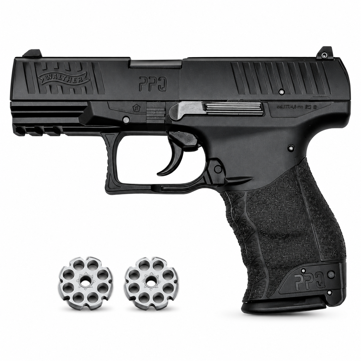 Walther PPQ CO₂-powered 4.5mm (.177) air pistol retail box featuring rotary magazine, new grip system, and realistic tactical design.