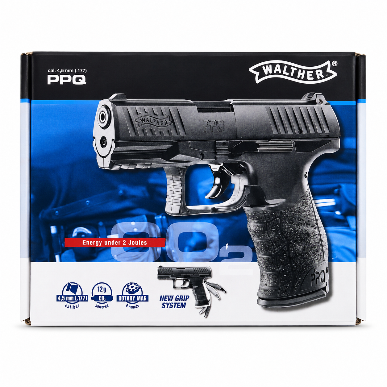 Walther PPQ CO₂-powered 4.5mm (.177) air pistol retail box featuring rotary magazine, new grip system, and realistic tactical design.