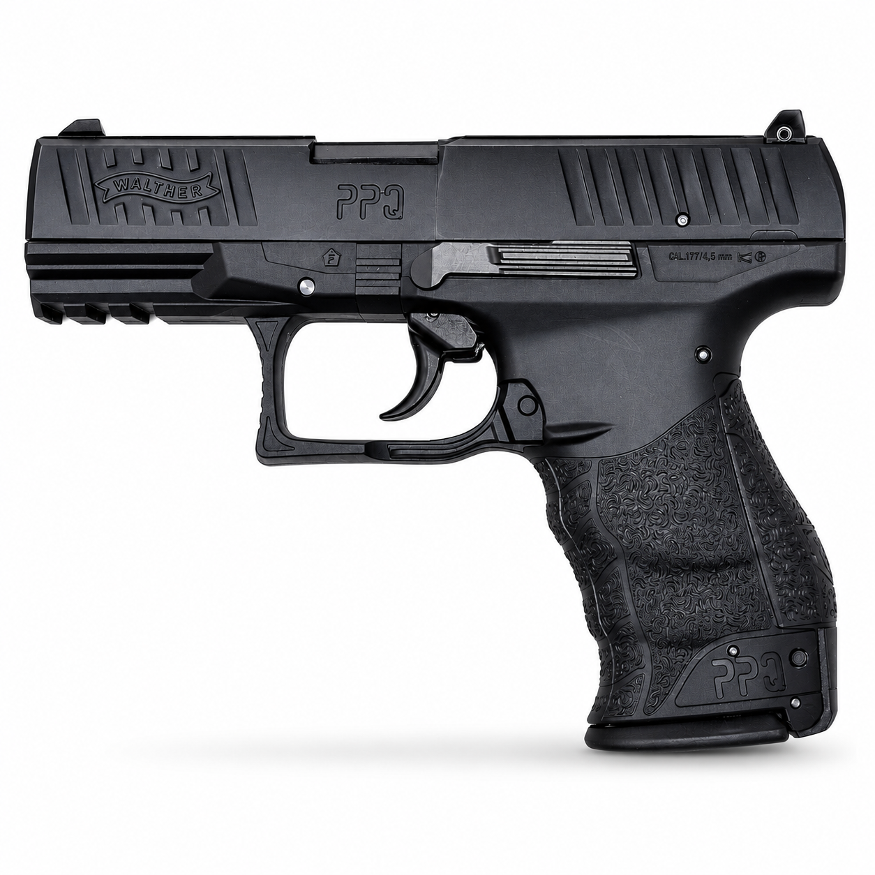 Walther PPQ CO₂-powered 4.5mm (.177) air pistol retail box featuring rotary magazine, new grip system, and realistic tactical design.