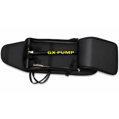 Premium black PCP air rifle bag featuring a dedicated hand pump compartment, padded interior, backpack straps, and heavy-duty zipper closure.