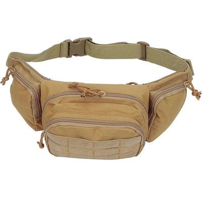 brown military tactical waist bag with MOLLE front panel and adjustable waist belt