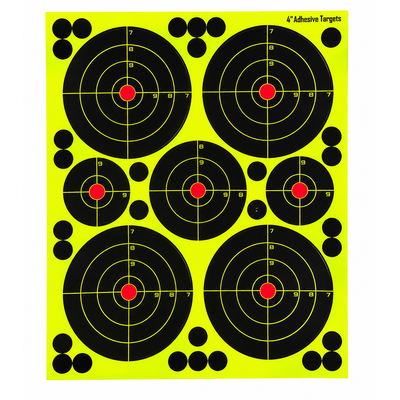 Fluorescent adhesive shooting targets with black bullseye and red center designs