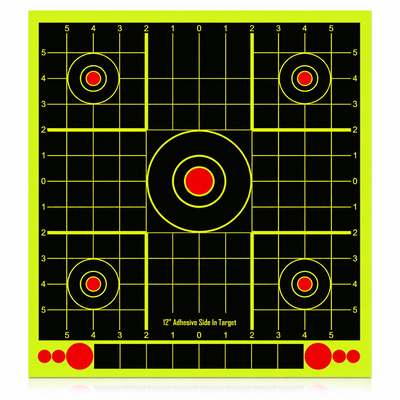 12-inch adhesive splatter shooting target with fluorescent grid and bullseyes