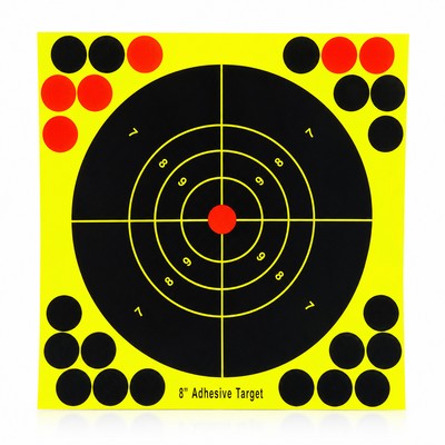 8 inch fluorescent adhesive shooting target with black bullseye and red center