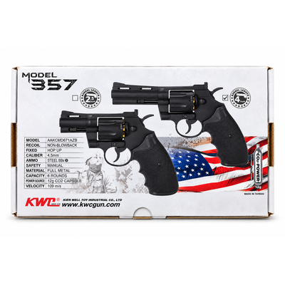 Back of KWC Model 357 air revolver packaging showing product specifications